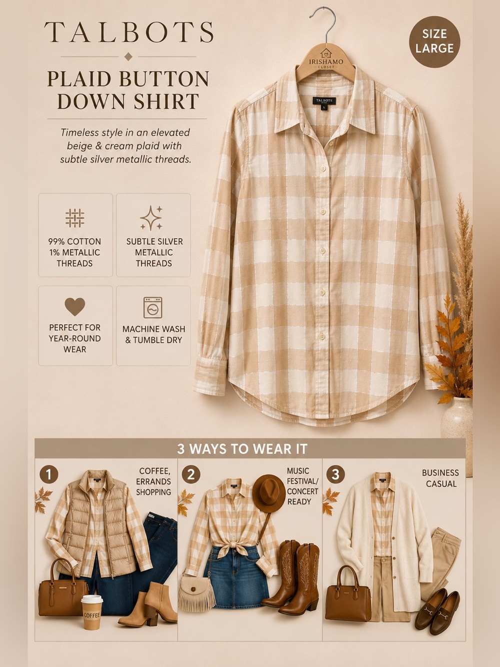 Talbots Beige & Cream Plaid Button Down Shirt | Subtle Metallic Threads | Large